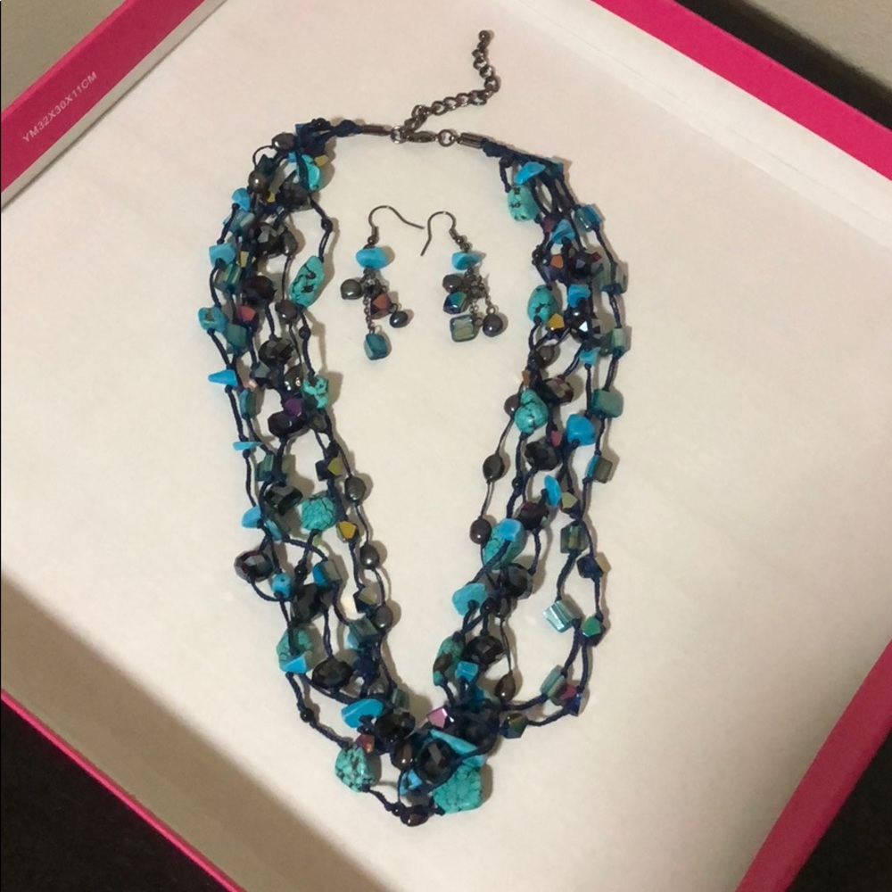 Blue Mixed Stone Necklace and Earrings Set